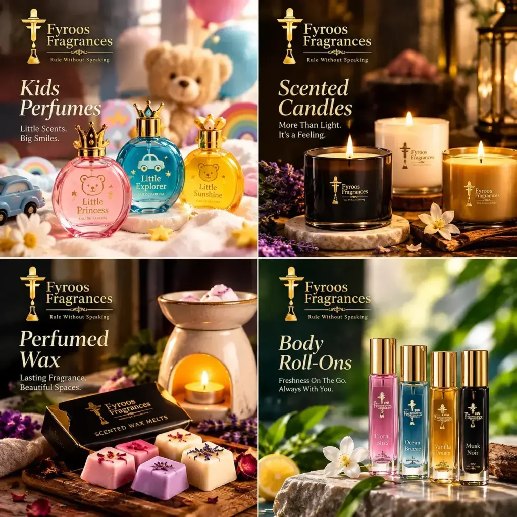 FYROOS FRAGRANCES upcoming collection featuring kids perfumes, scented candles, perfumed wax and body roll-ons